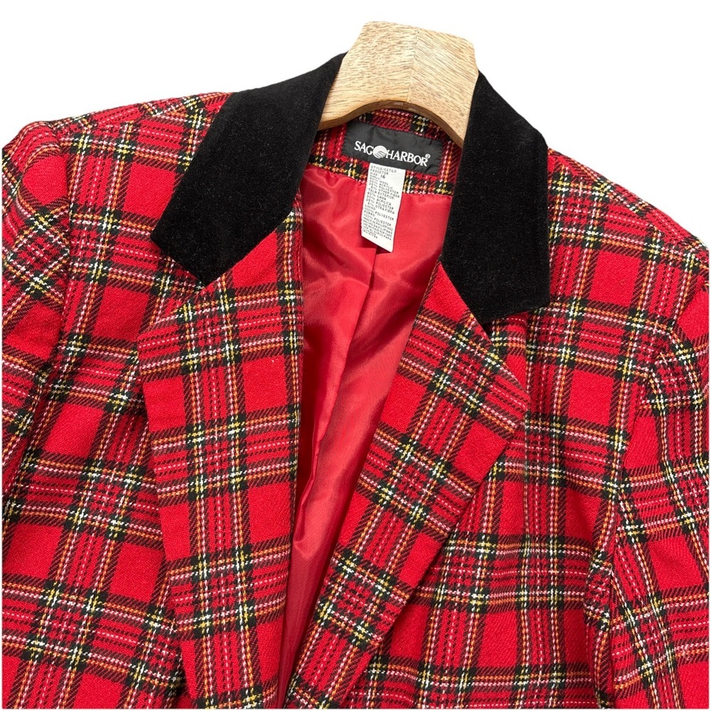 VTG Sag Harbor blazer Womens 16 red black tartan Plaid Wool Blend Lined Preppy